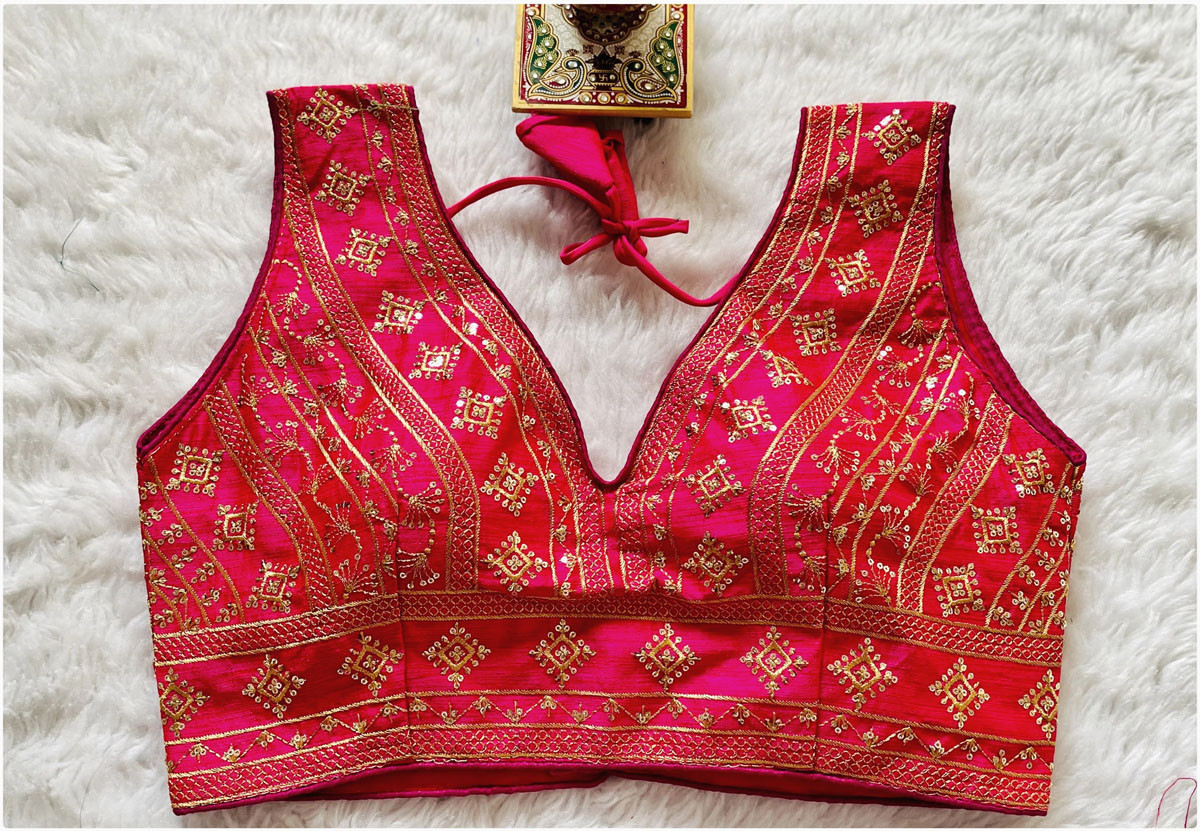 Embroidered Phantom Silk Designer Blouse - Pink(XL)
