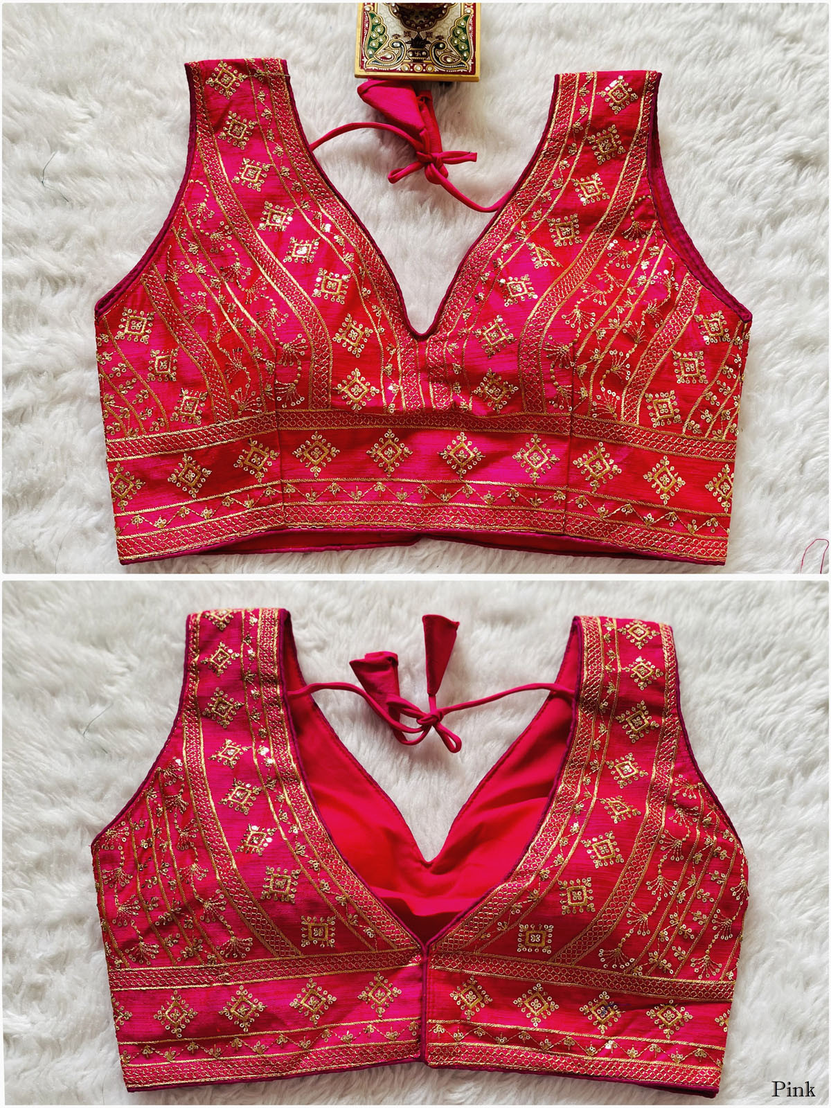 Embroidered Phantom Silk Designer Blouse - Pink(XL)