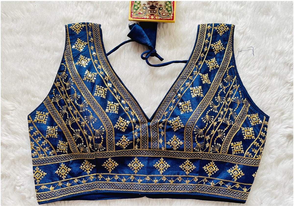 Embroidered Phantom Silk Designer Blouse - Navy Blue(S)