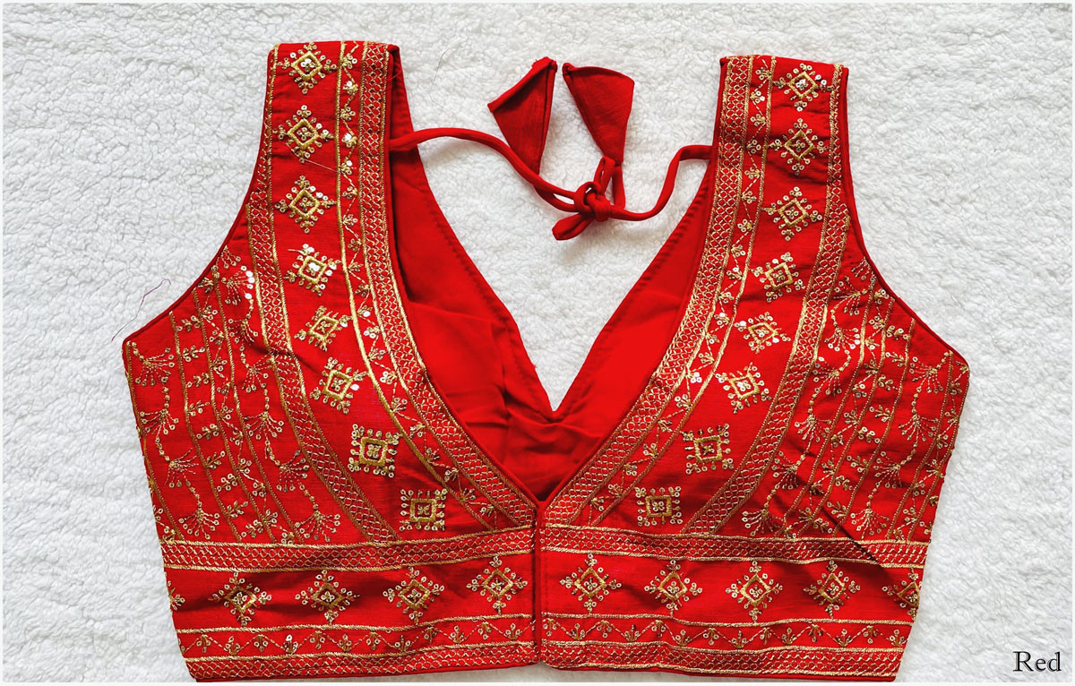Embroidered Phantom Silk Designer Blouse - Red(XXL)