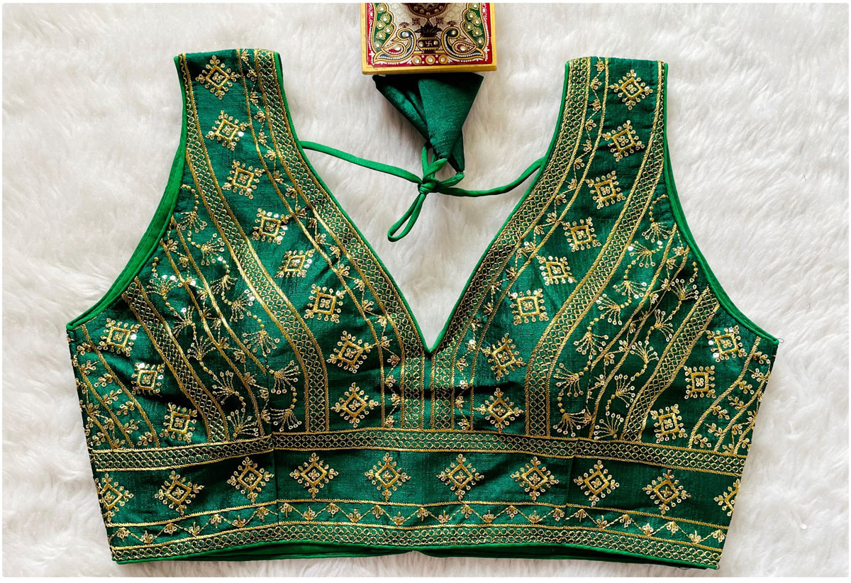 Embroidered Phantom Silk Designer Blouse - Green(L)