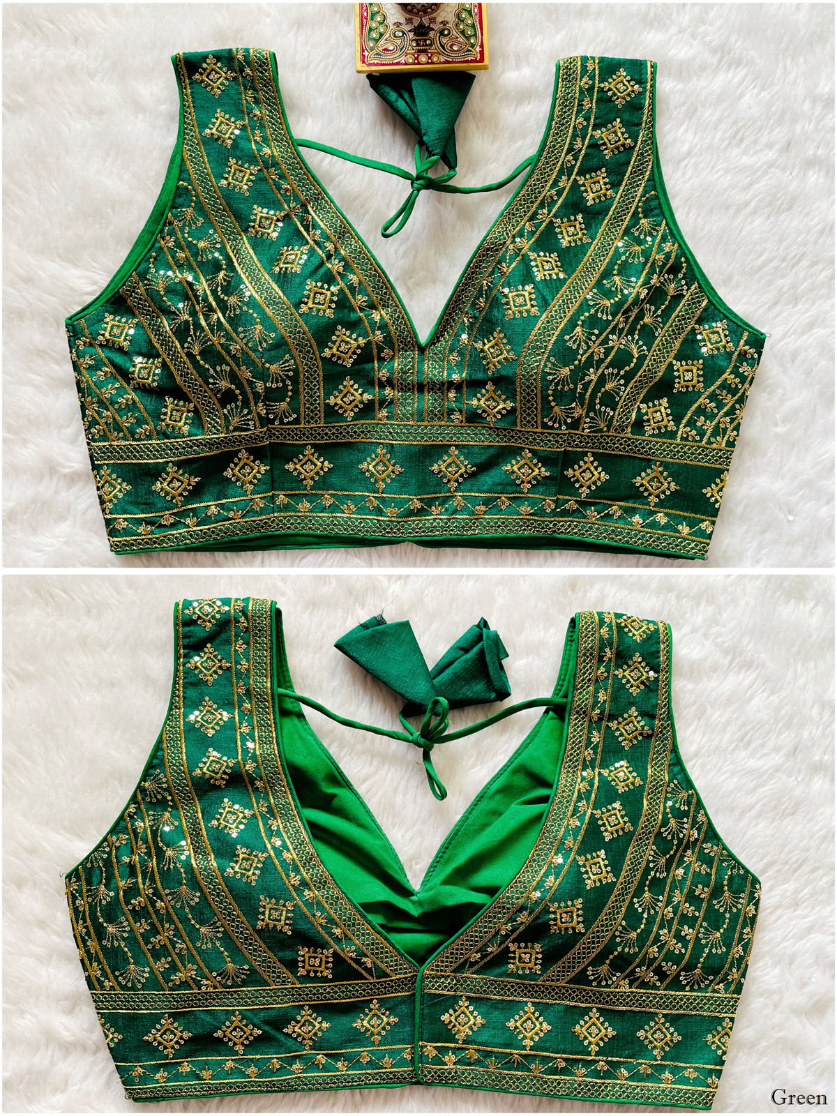 Embroidered Phantom Silk Designer Blouse - Green(XXL)