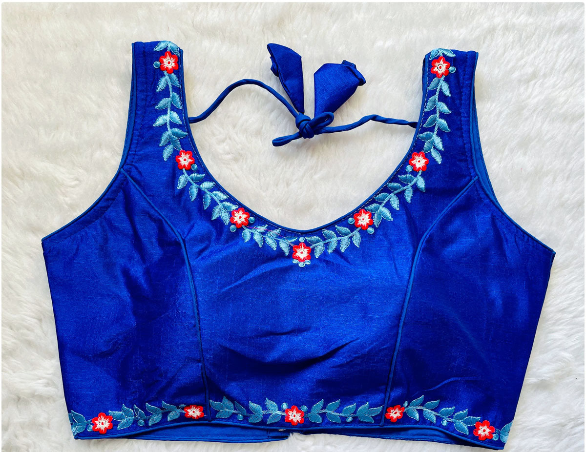 Embroidered Phantom Silk Designer Blouse - Royal Blue(M)