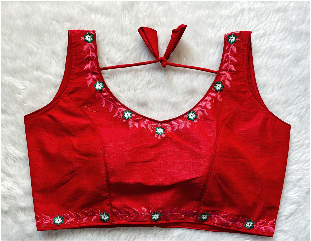 Embroidered Phantom Silk Designer Blouse - Red(L)