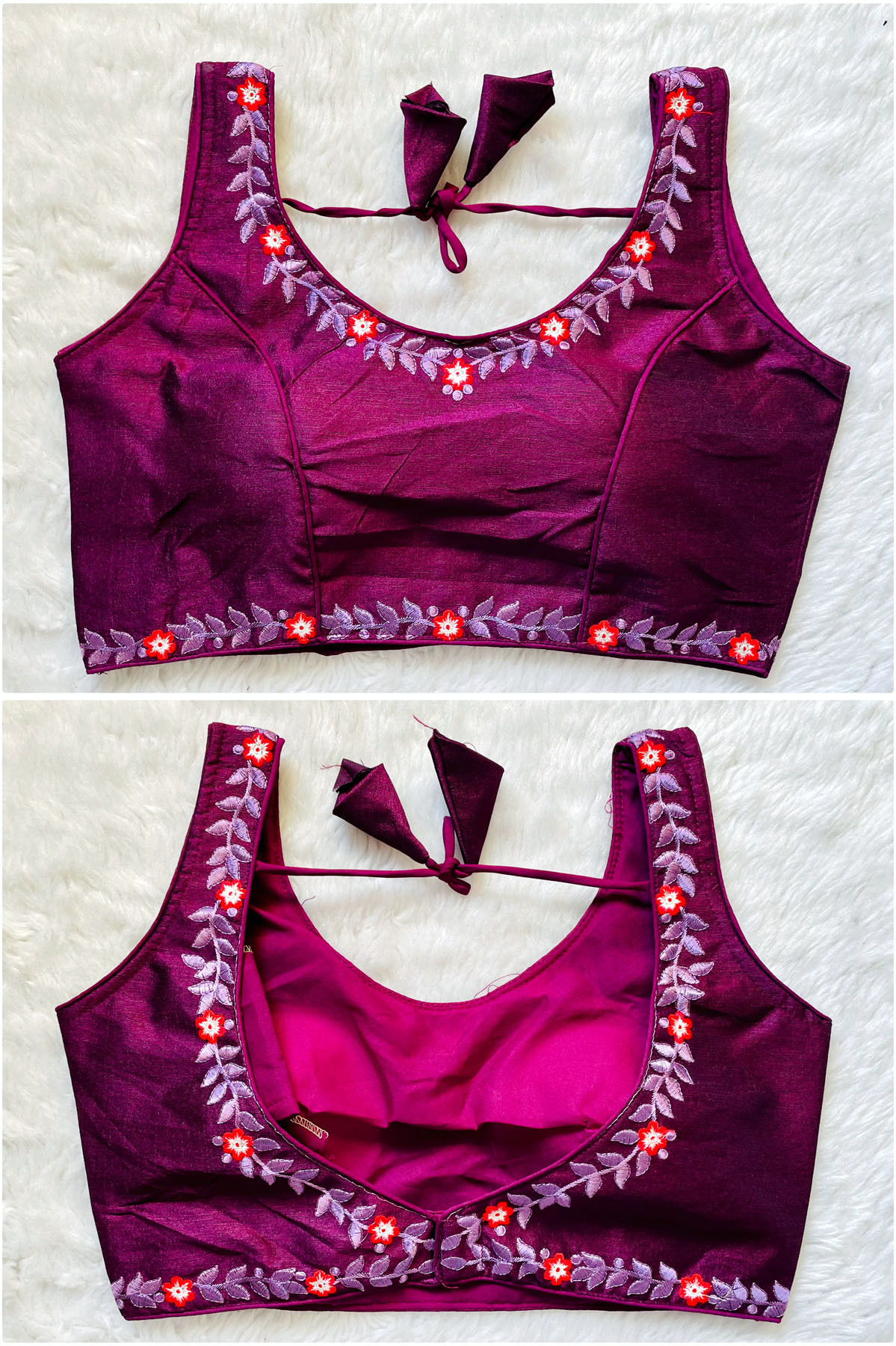 Embroidered Phantom Silk Designer Blouse - Dark Violet(L)