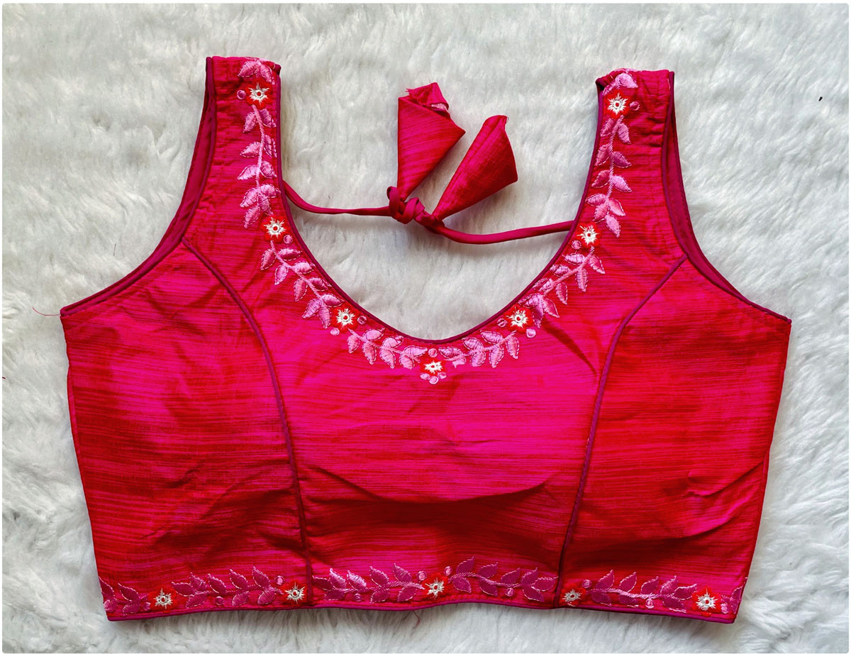 Embroidered Phantom Silk Designer Blouse - Pink(XXL)