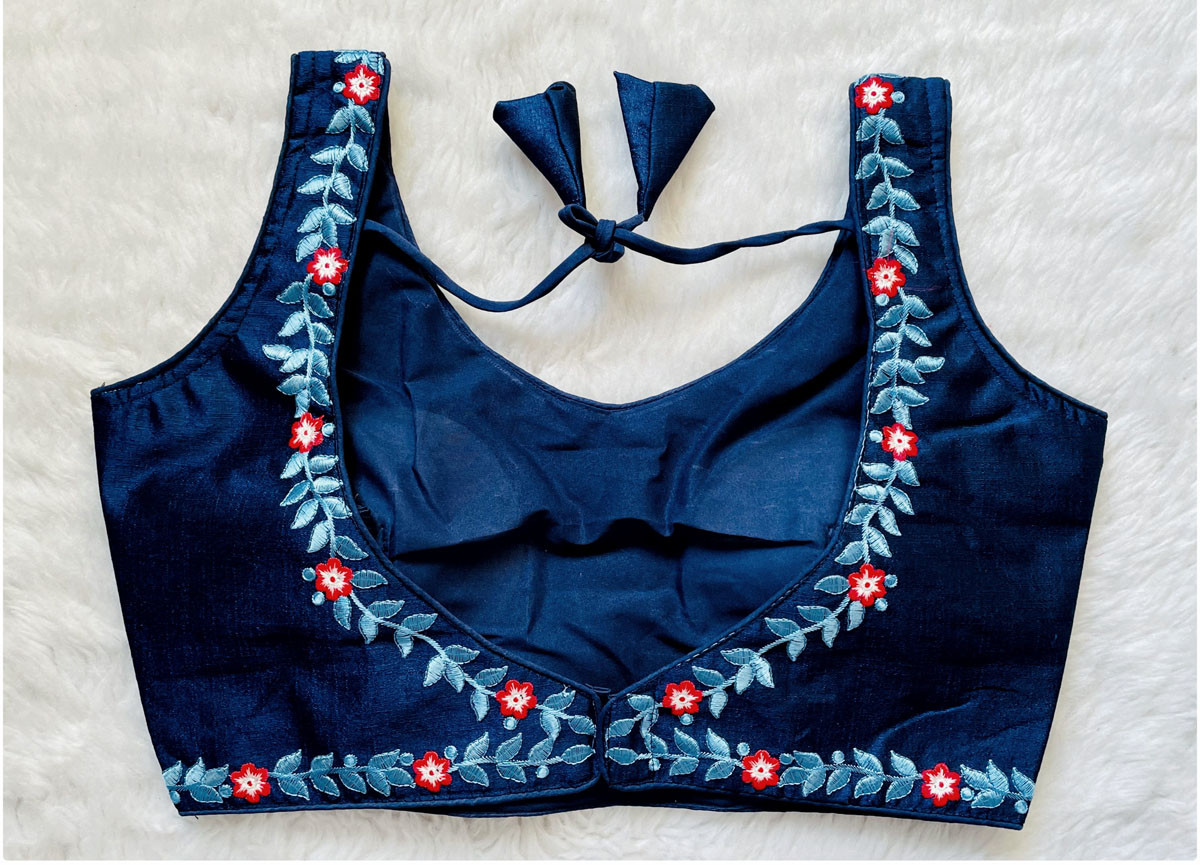Embroidered Phantom Silk Designer Blouse - Navy Blue(XXL)