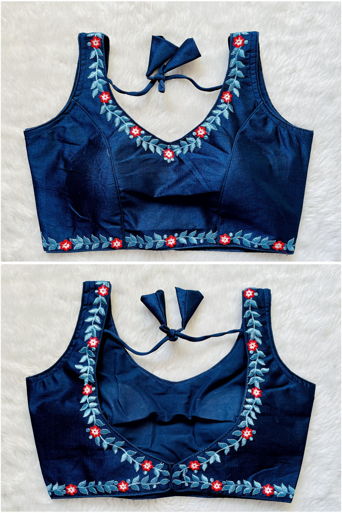 Embroidered Phantom Silk Designer Blouse - Navy Blue(3XL)
