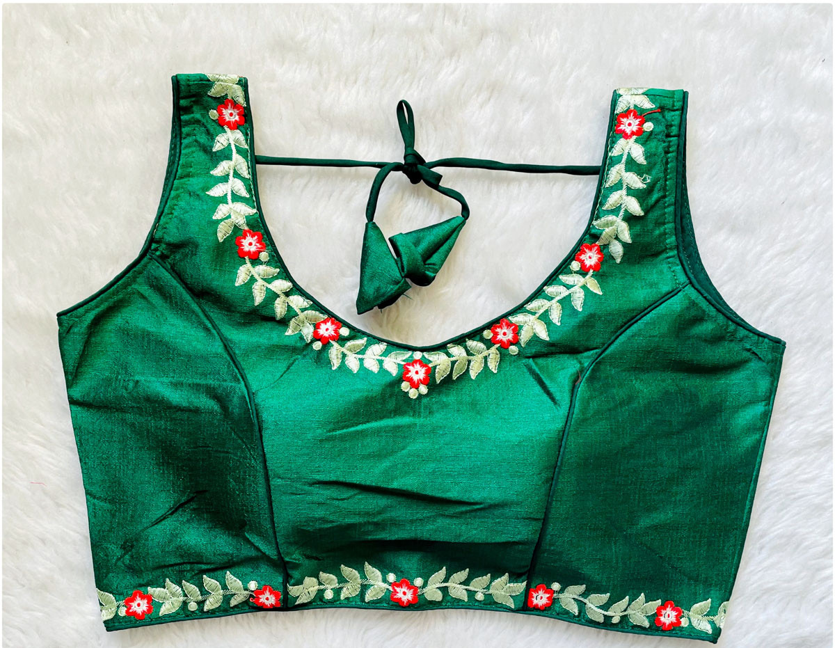 Embroidered Phantom Silk Designer Blouse - Green(M)