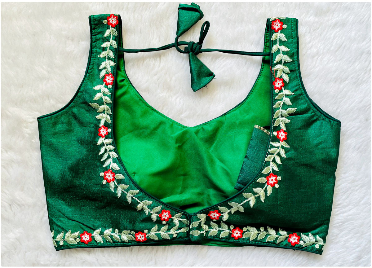 Embroidered Phantom Silk Designer Blouse - Green(XXL)