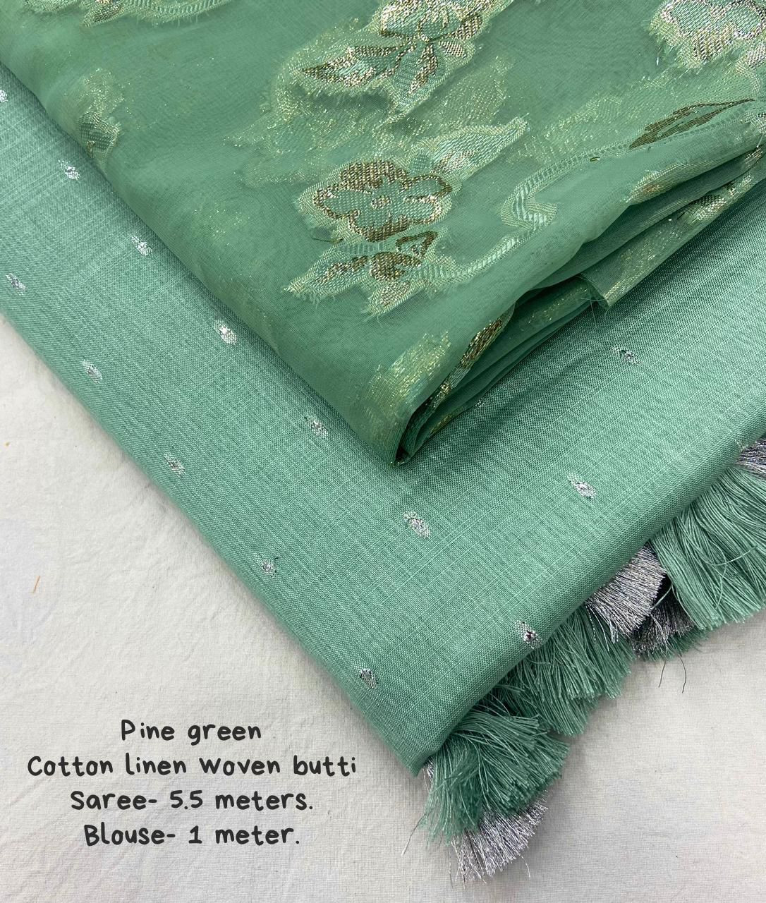 Soft Cotton slub Linen woven Saree - Green
