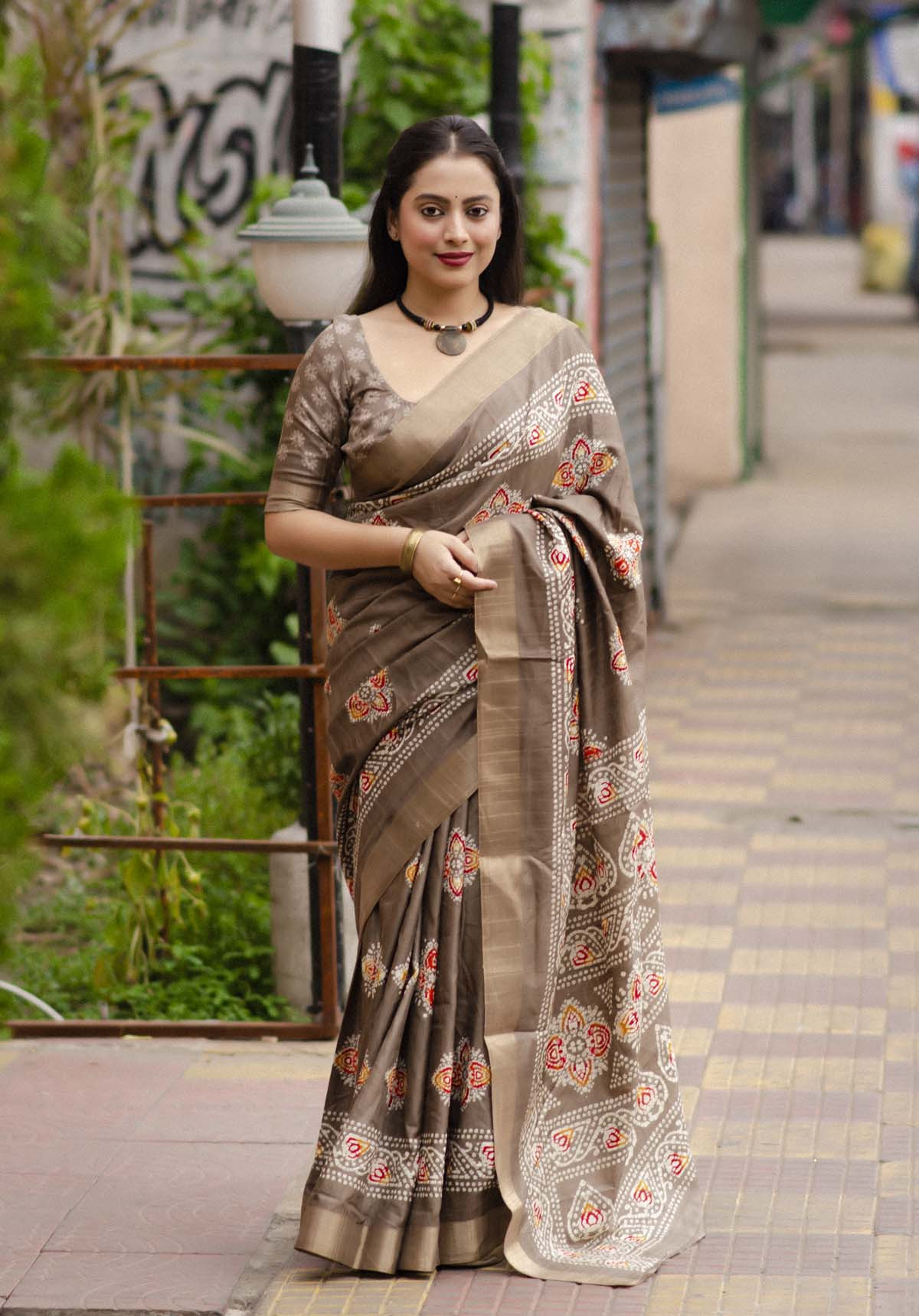 Soft Silk Batik Print Saree With Zari Woven Border– Light Brown