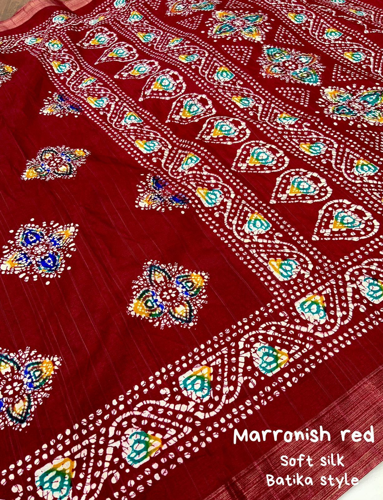 Soft Silk Batik Print Saree With Zari Woven Border– Maroon