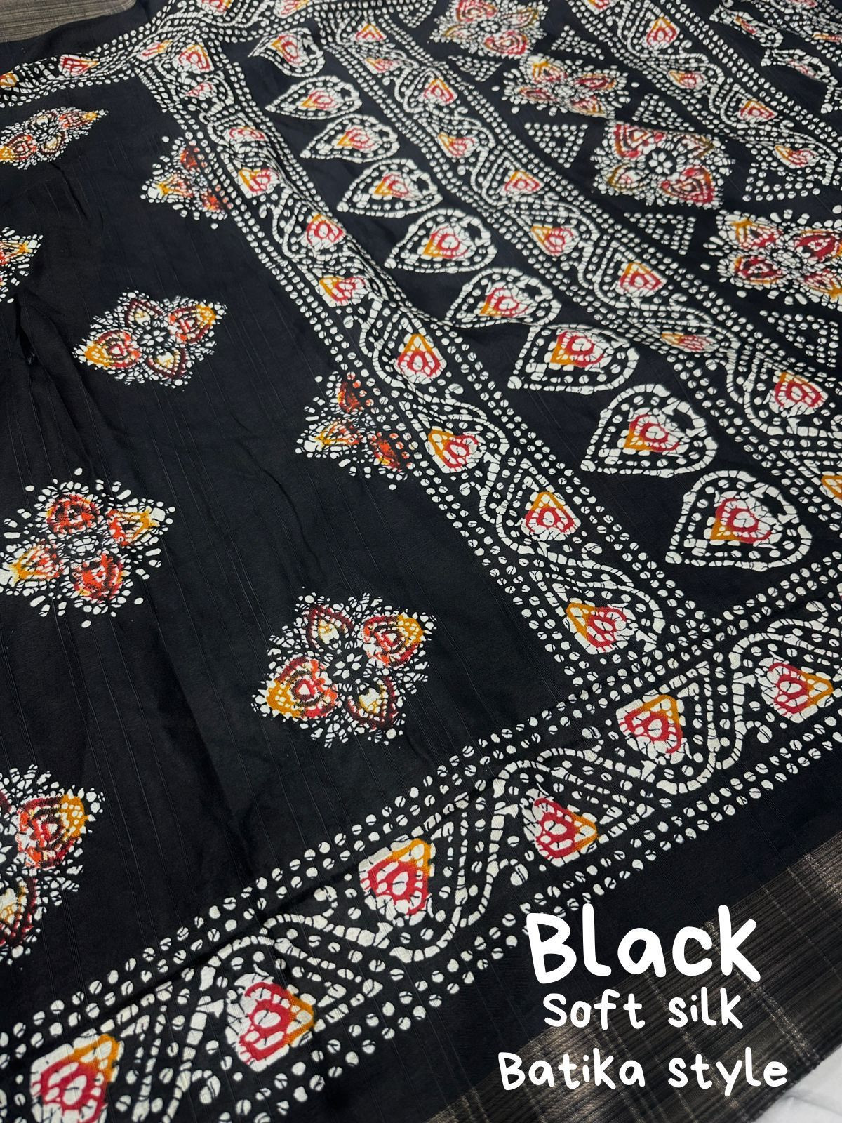 Soft Silk Batik Print Saree With Zari Woven Border– Black