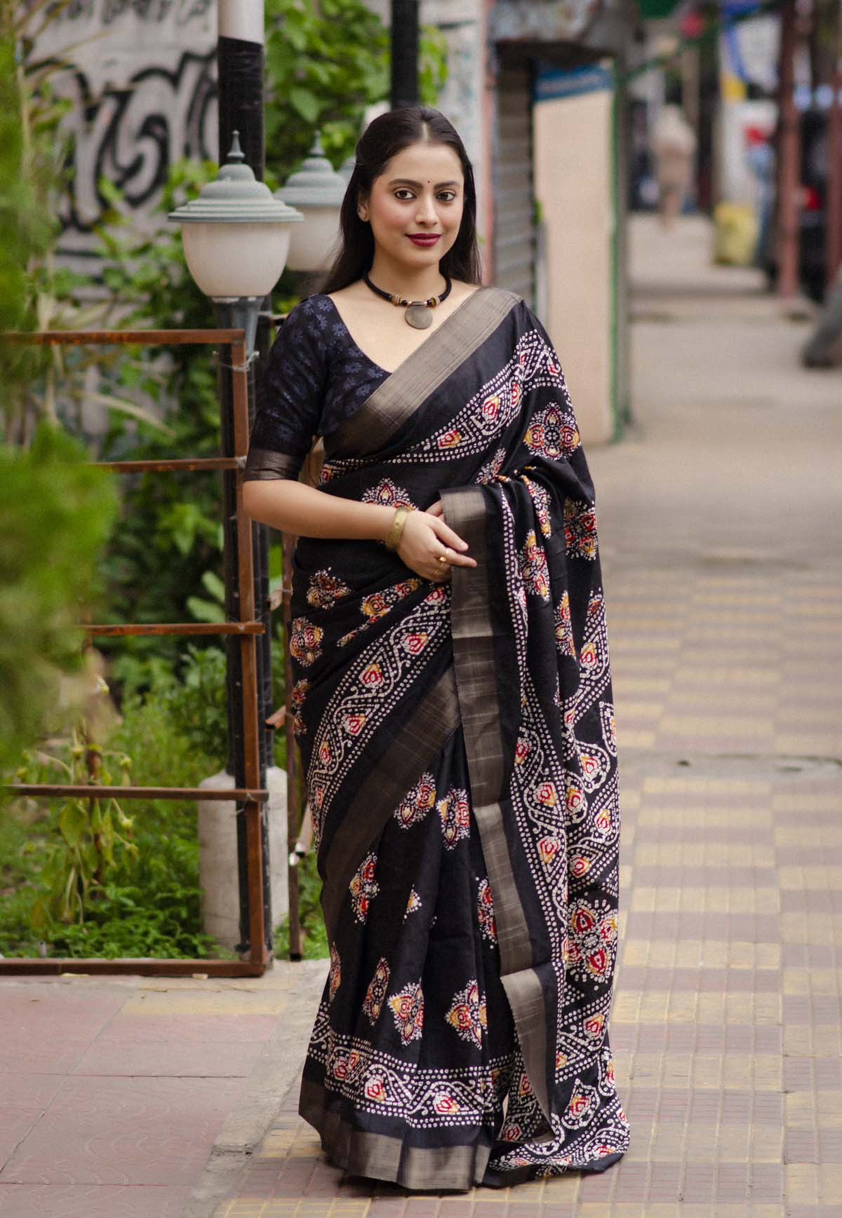 Soft Silk Batik Print Saree With Zari Woven Border– Black