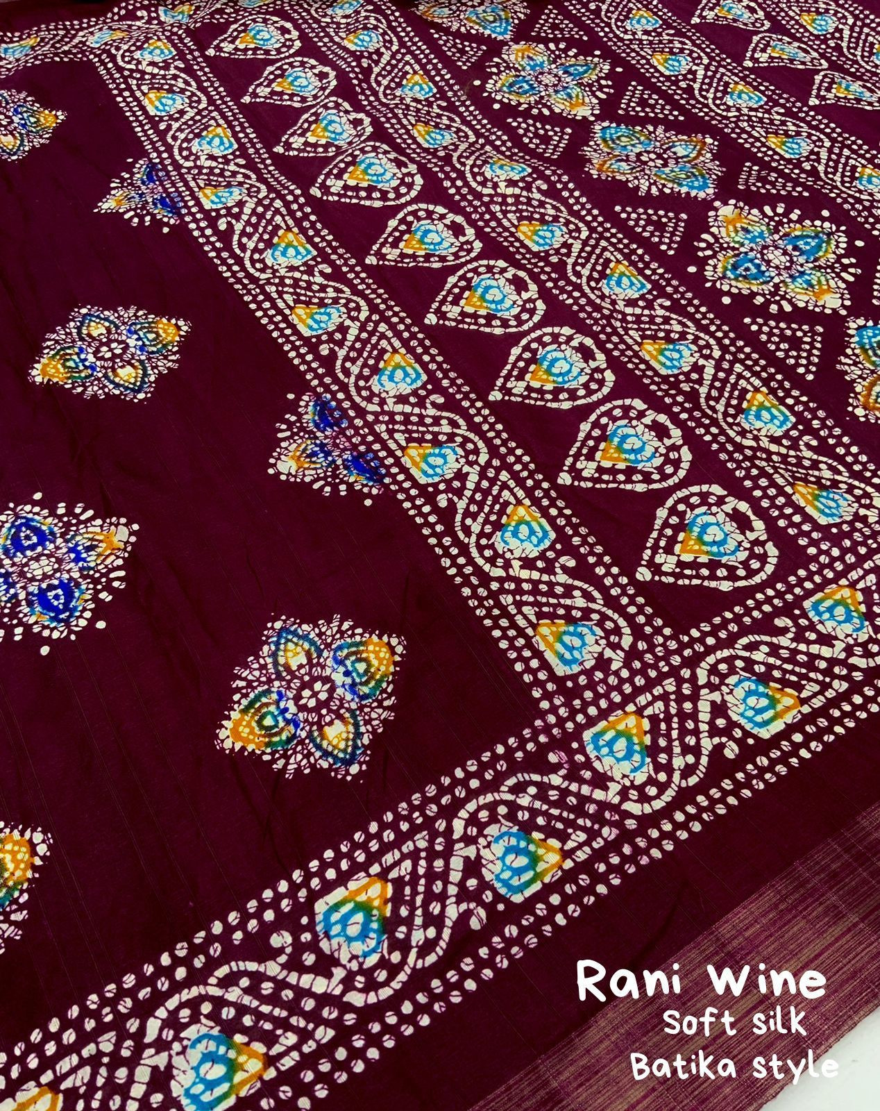 Soft Silk Batik Print Saree With Zari Woven Border– Rani Wine