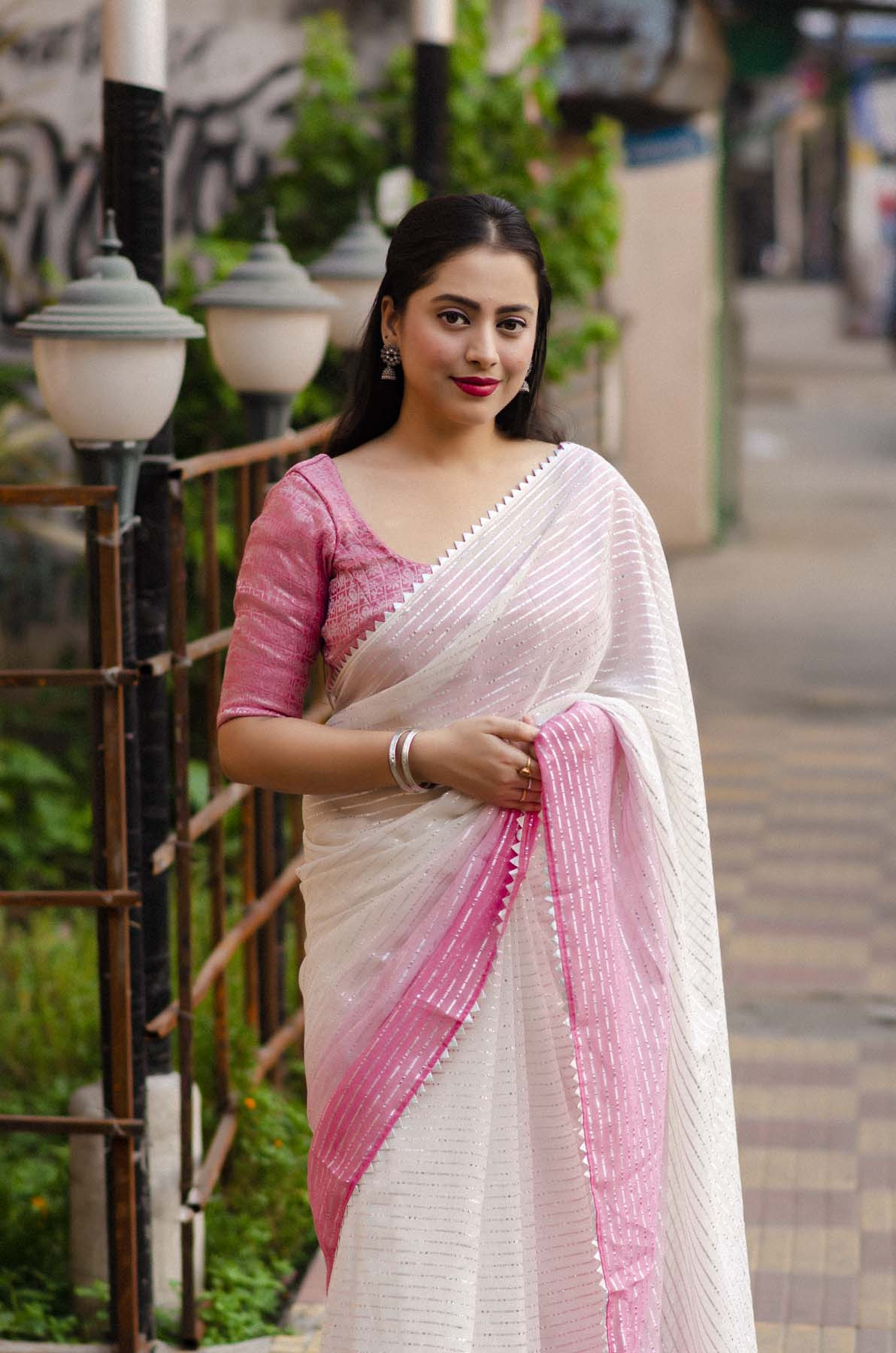 Silver zari weaving Soft Chiffon Saree with Temple Border  - Pink