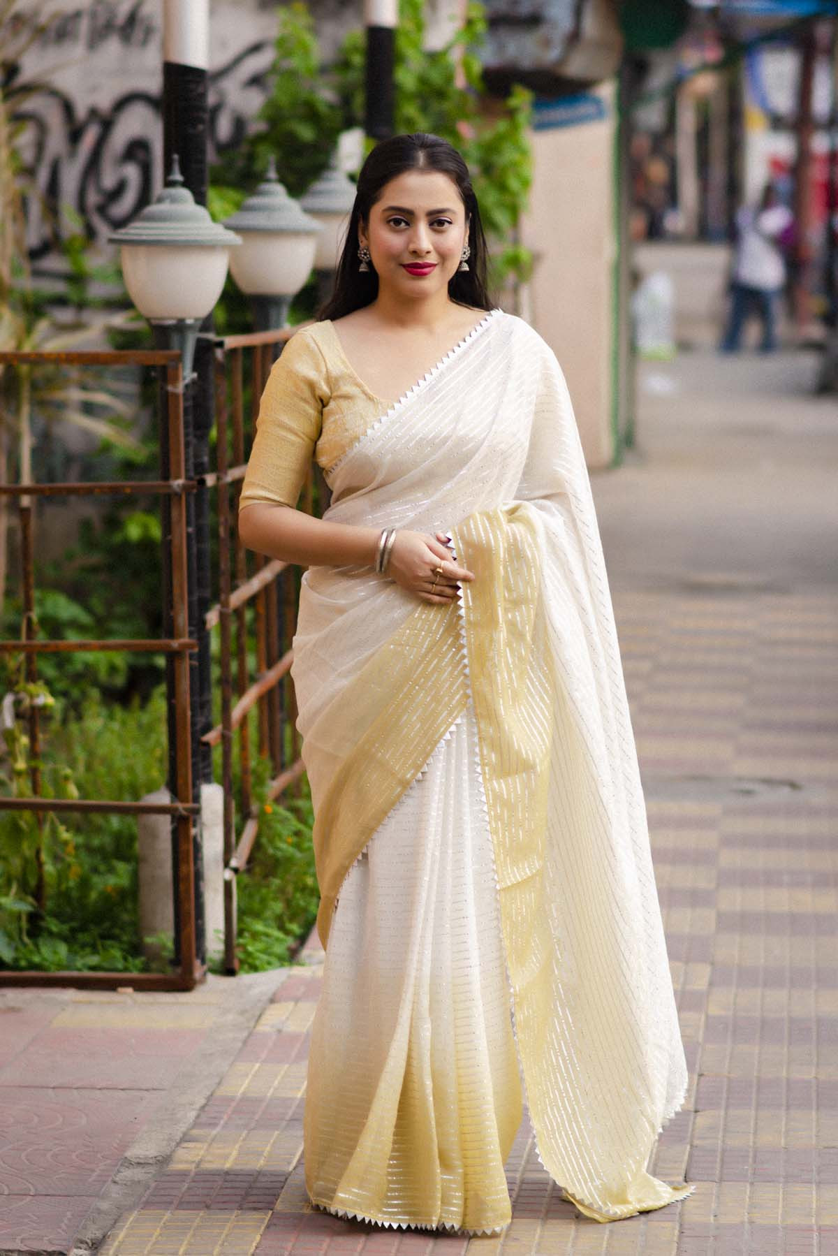 Silver zari weaving Soft Chiffon Saree with Temple Border  - Cream