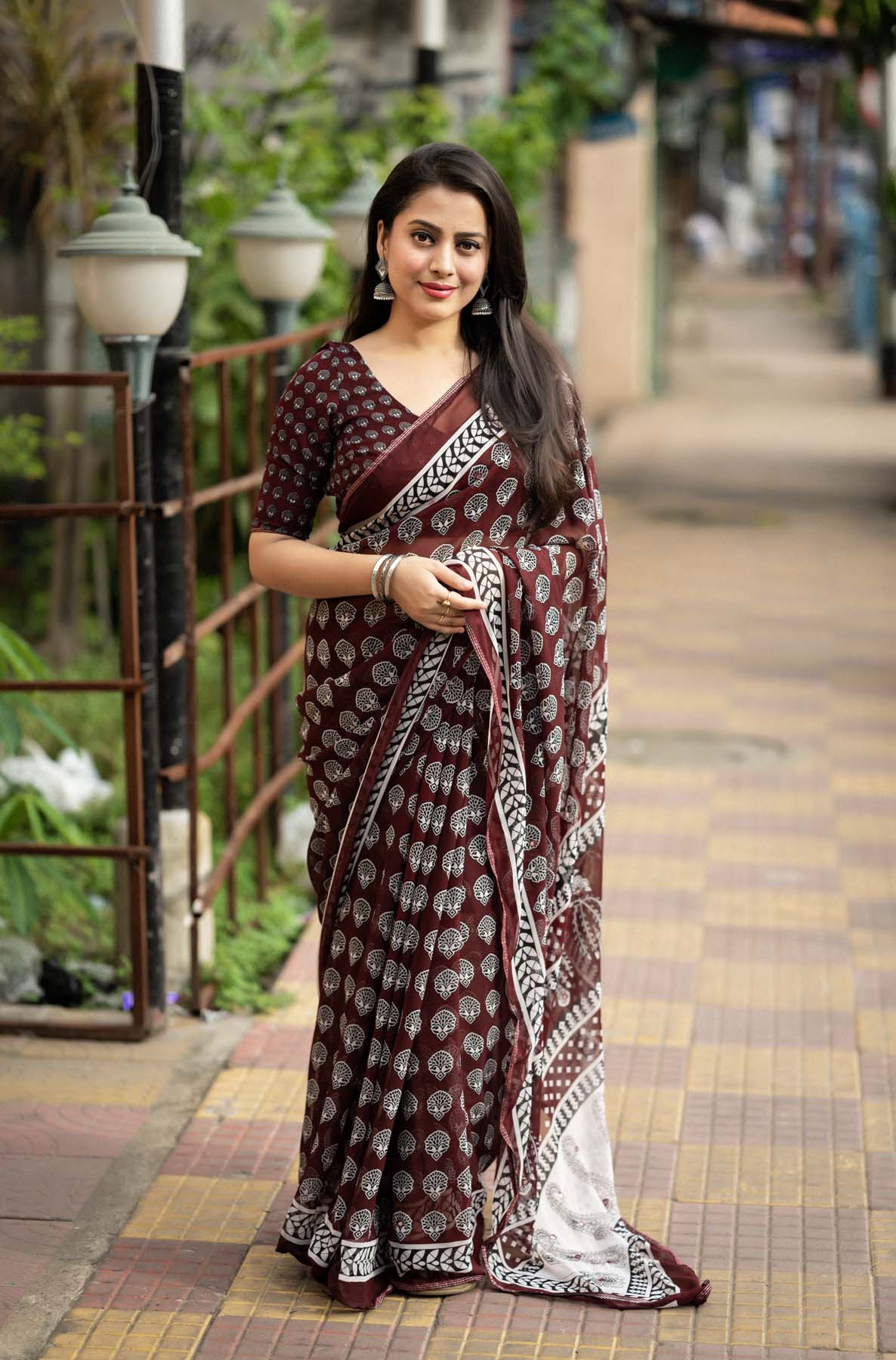 Pure Soft georgette Printed saree with mirror Work – Maroon