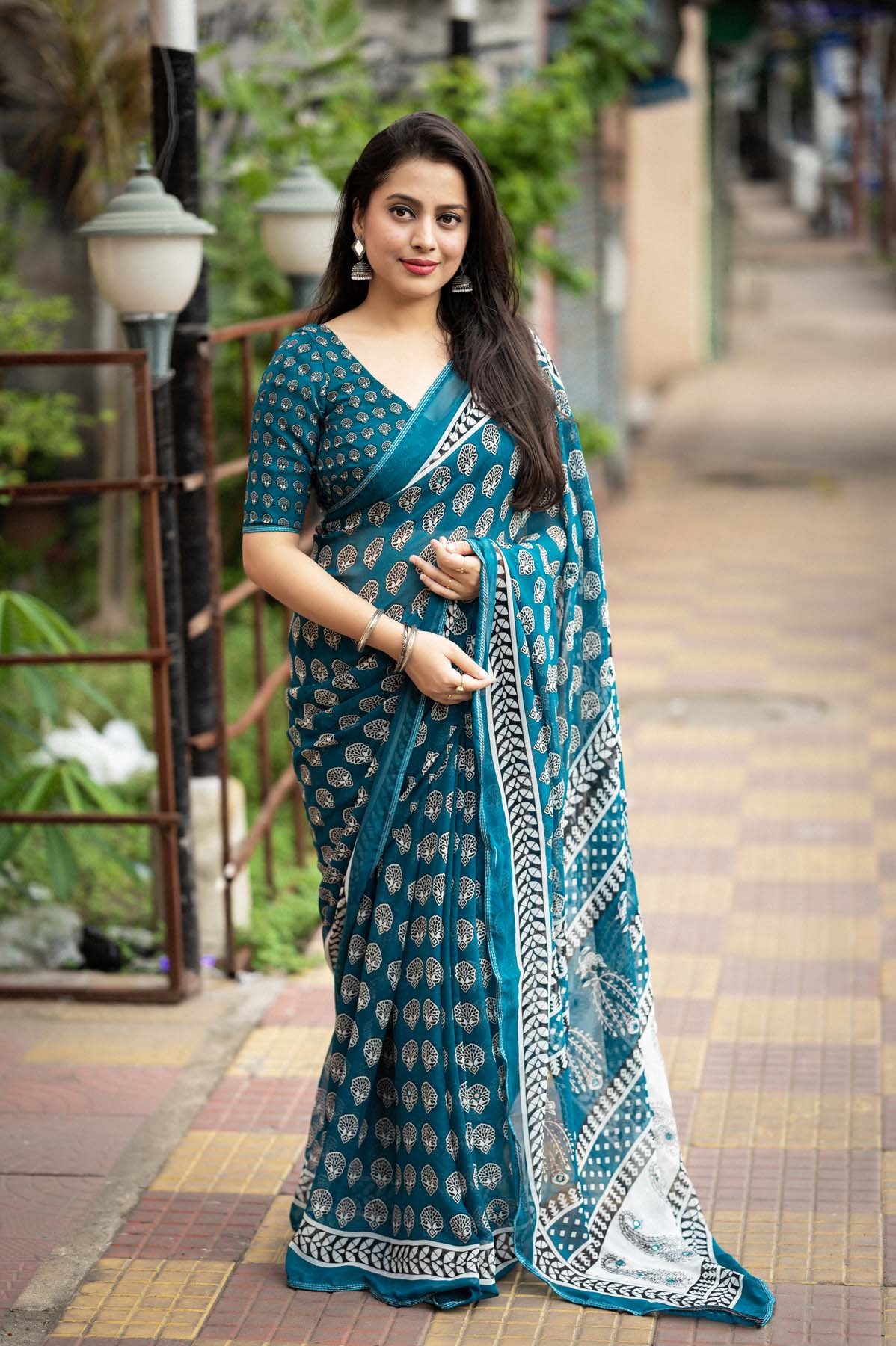 Pure Soft georgette Printed saree with mirror Work – Blue