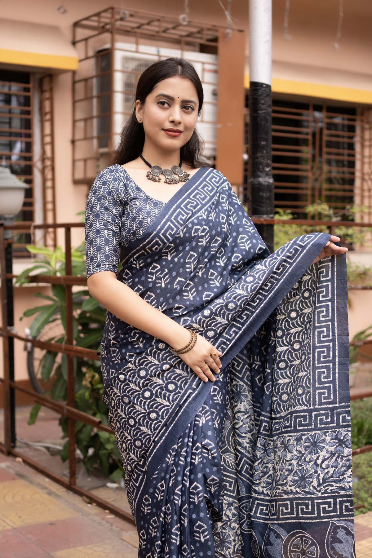 Batik Printed Dola Silk saree - Blue