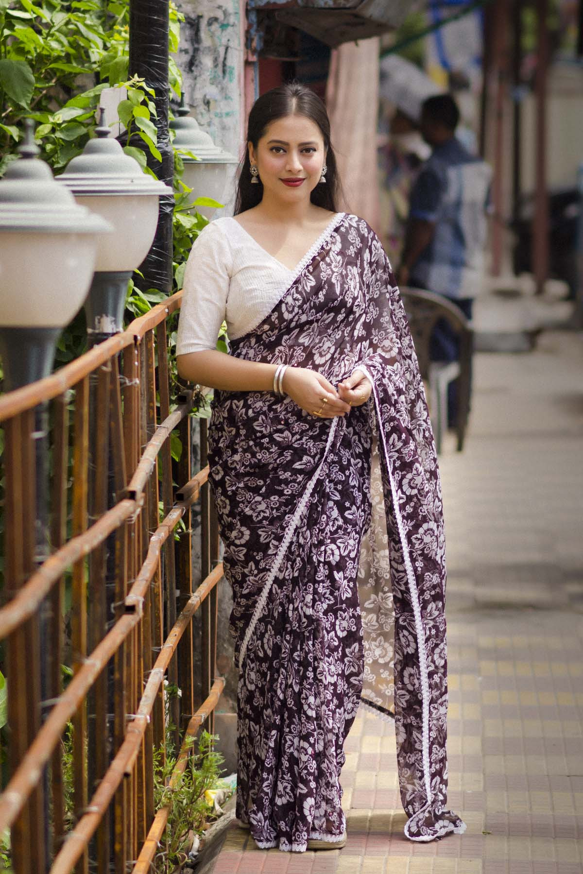 Pure Soft georgette Flower Printed saree with mirror Work – Wine