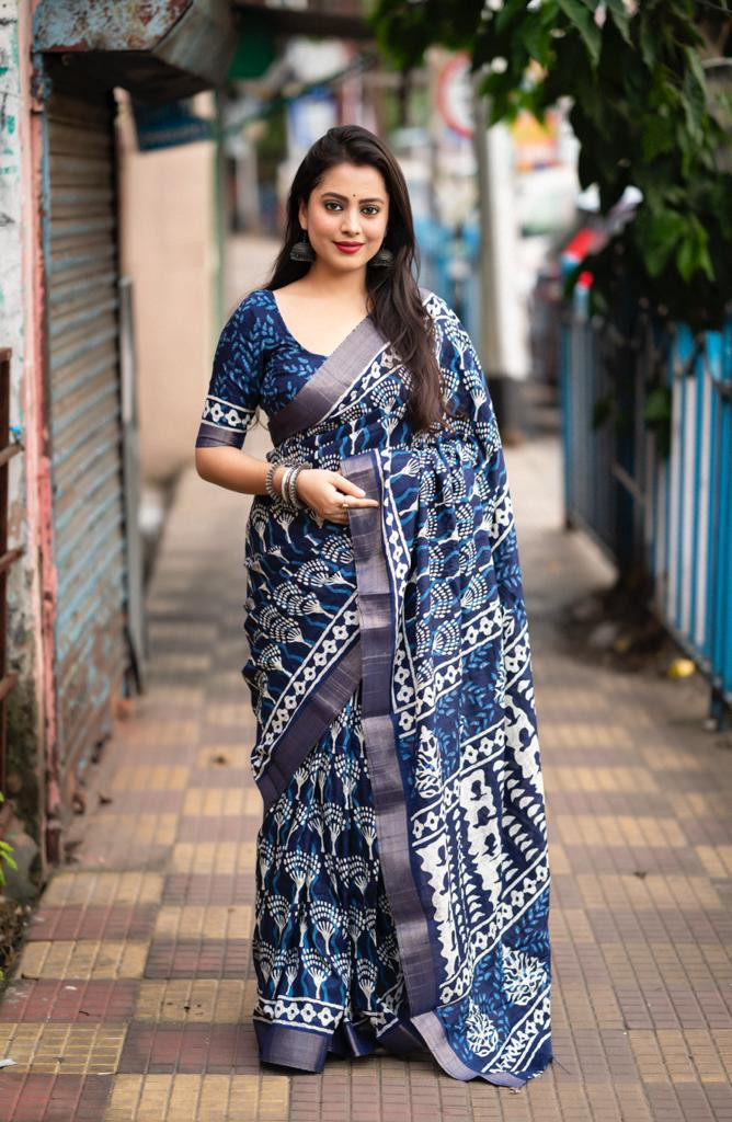 Soft Silk Batik Printed Saree With Zari Woven Border– Blue