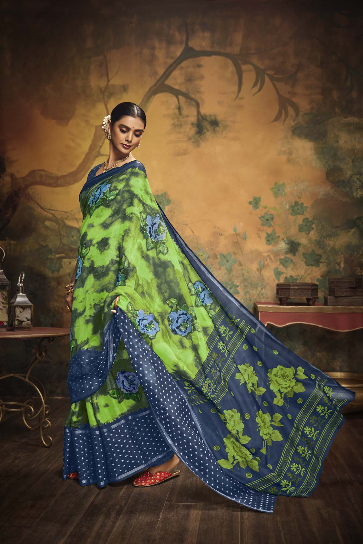 Paper Silk Printed saree with Woven butti – Green