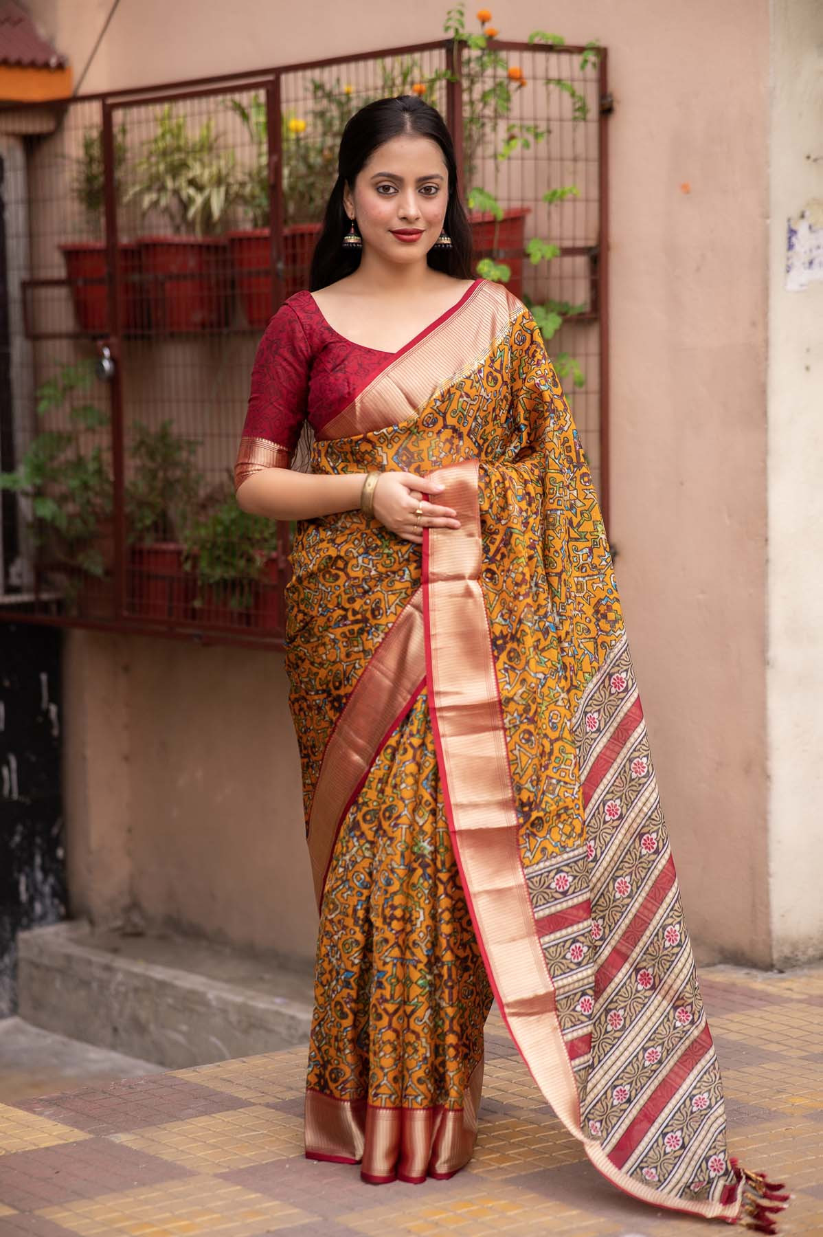 Paper Silk ajrakh Printed saree – Mustard