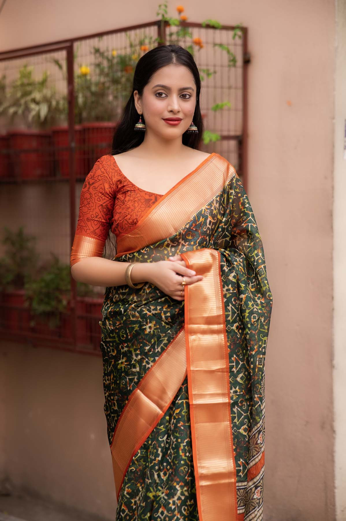 Paper Silk ajrakh Printed saree – Green