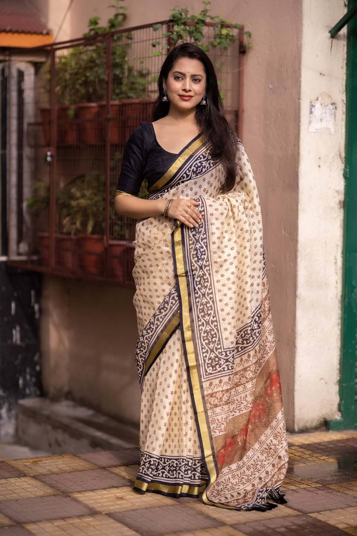 kota Silk printed saree with weaving border – Cream