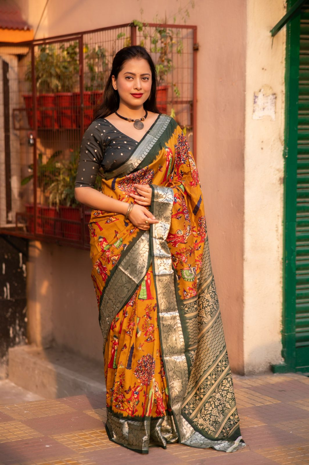  Cotton Silk Printed saree with zari woven border– Mustard