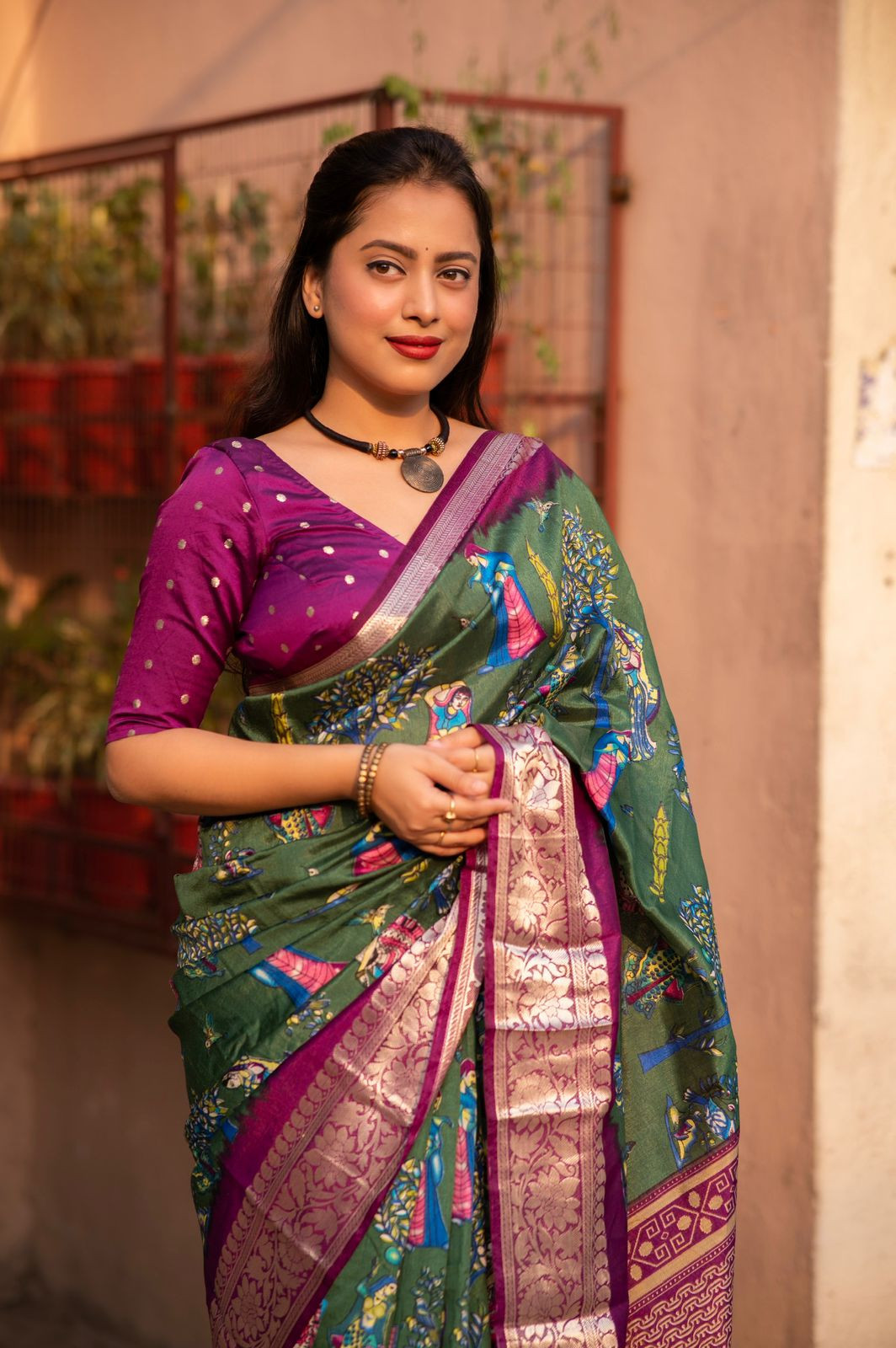  Cotton Silk Printed saree with zari woven border– Green