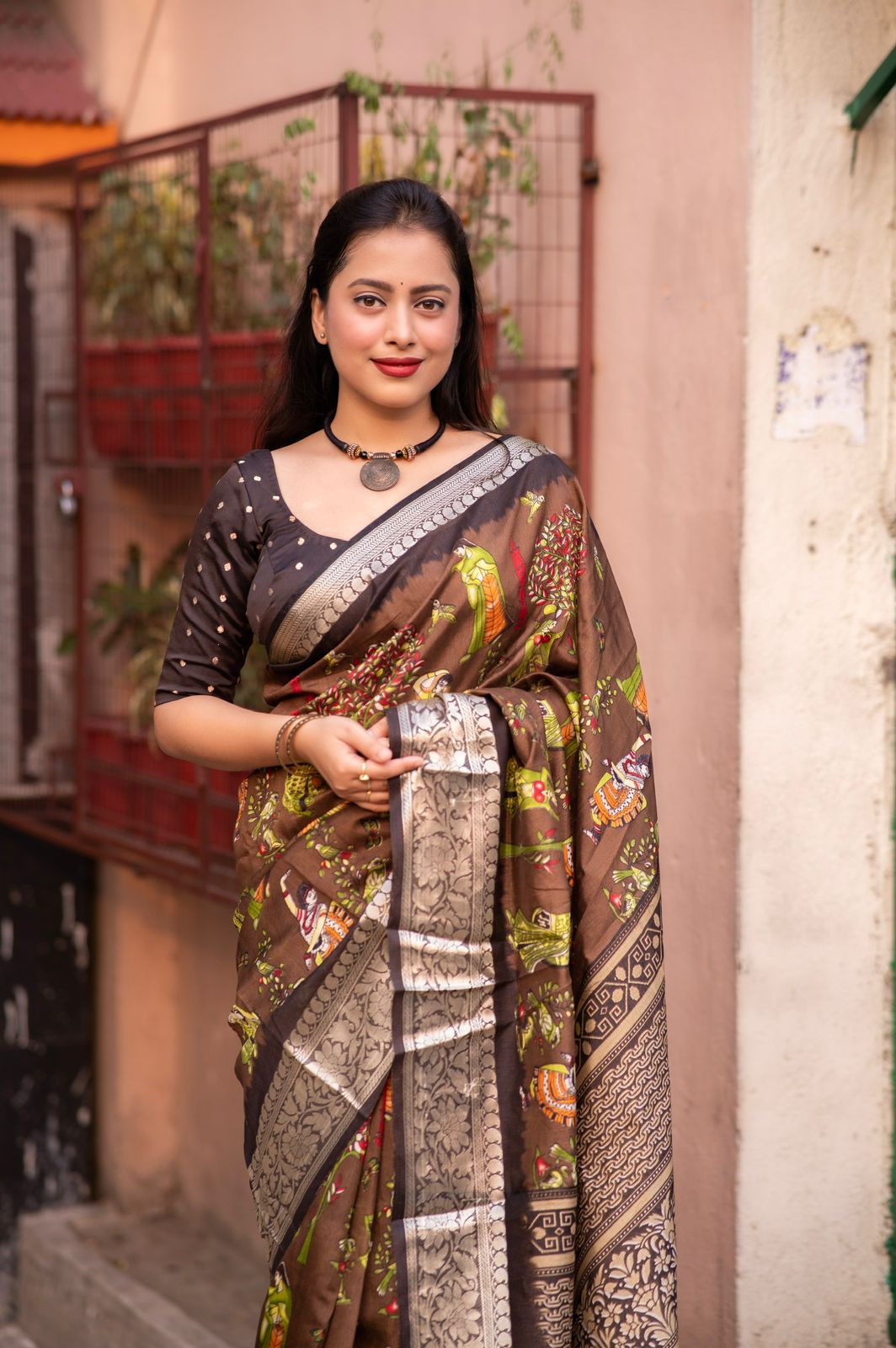  Cotton Silk Printed saree with zari woven border– Brown