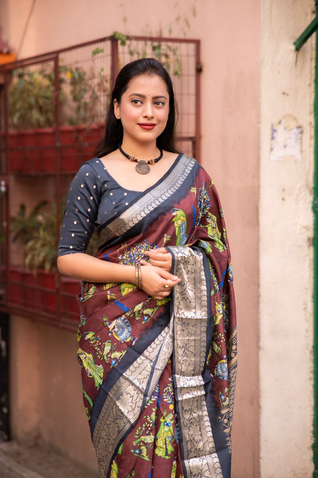  Cotton Silk Printed saree with zari woven border– Maroon