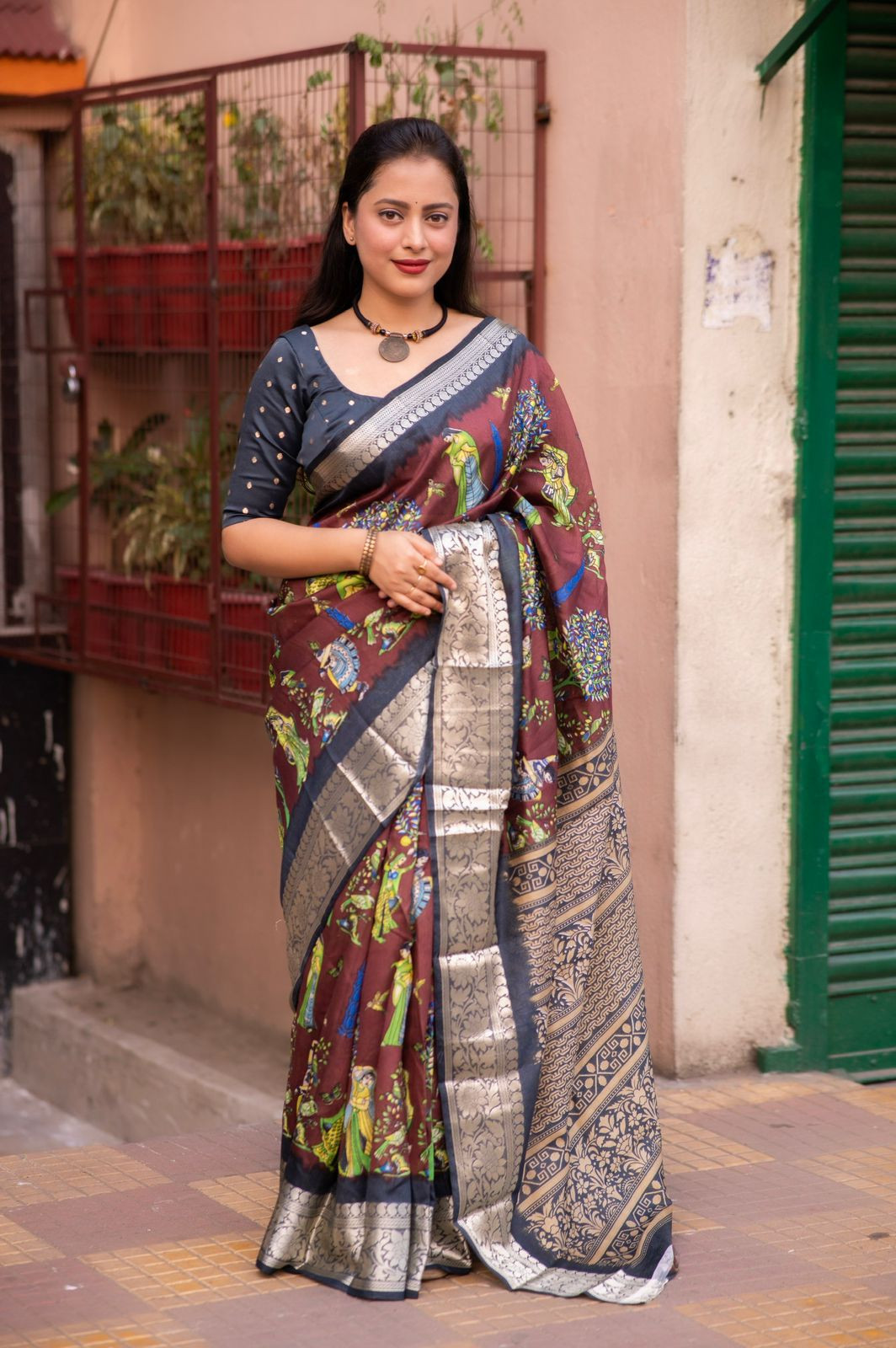  Cotton Silk Printed saree with zari woven border– Maroon