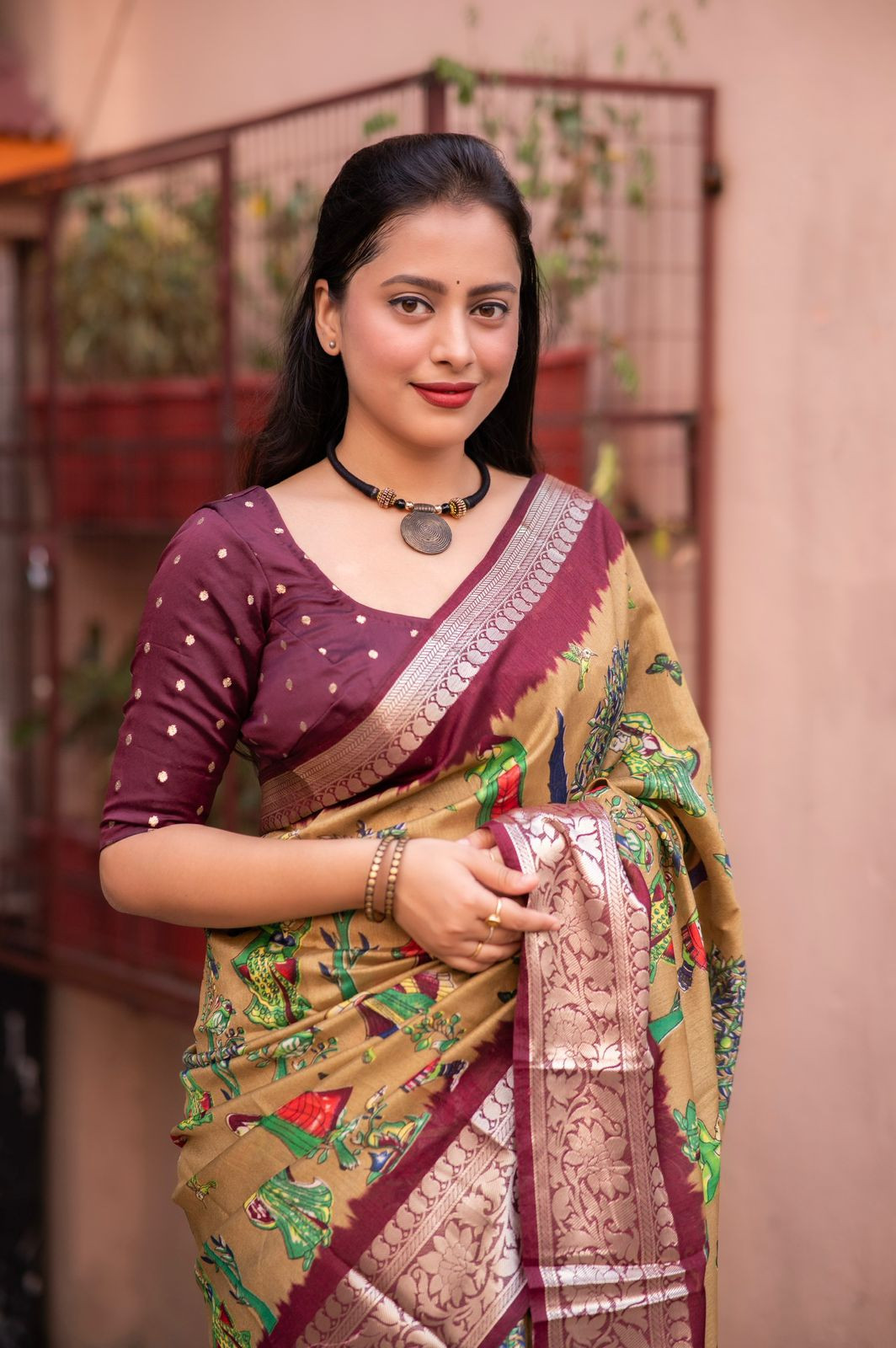  Cotton Silk Printed saree with zari woven border– Coffee