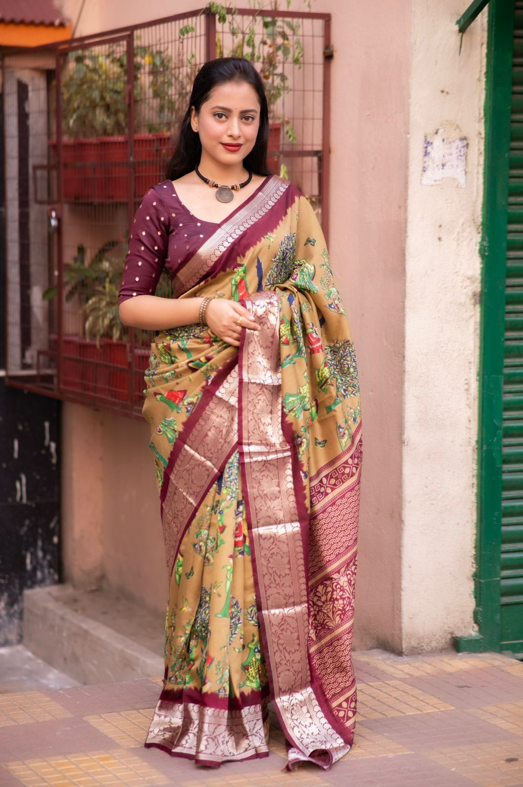 Cotton Silk Printed saree with zari woven border– Coffee