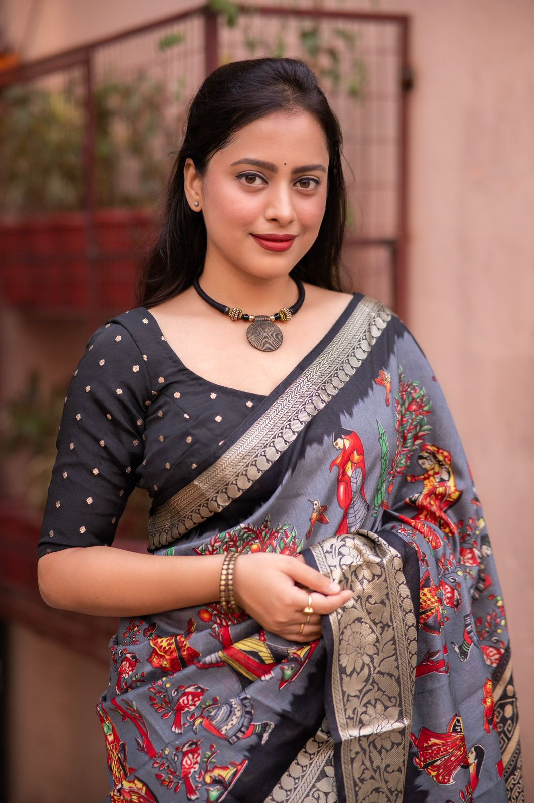  Cotton Silk Printed saree with zari woven border– Grey