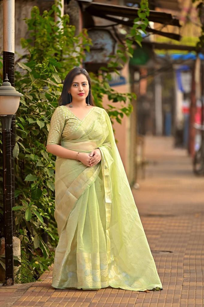 Organza Silk saree with Multicolor woven Border - Green