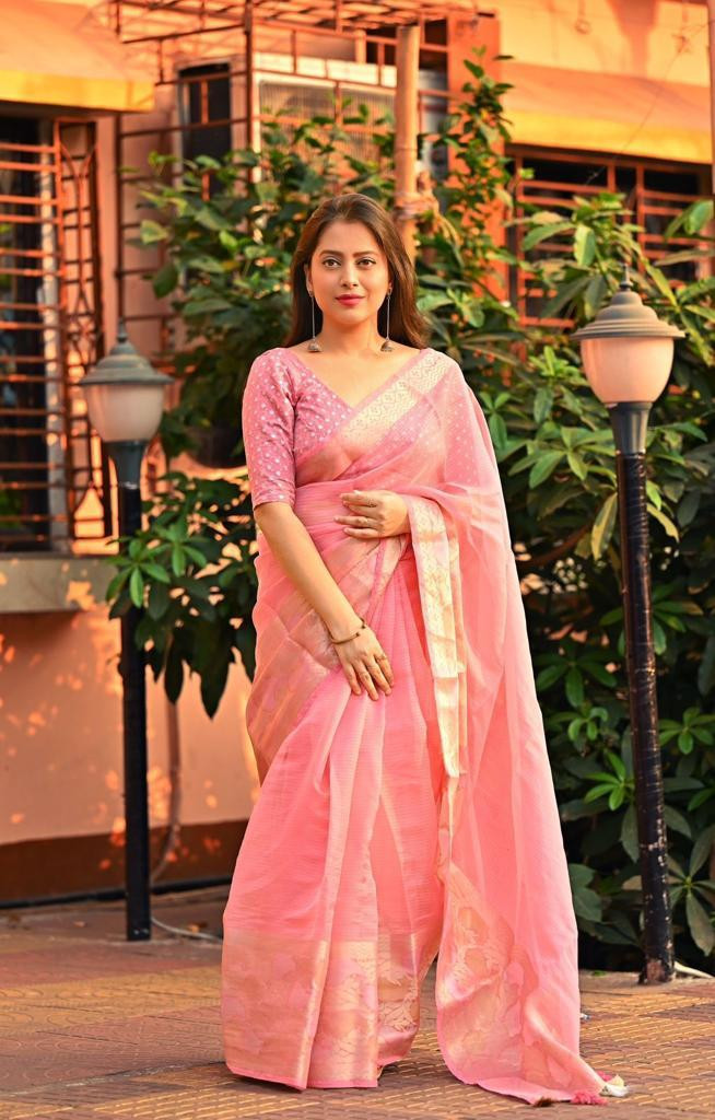 Organza Silk saree with Multicolor woven Border - Pink