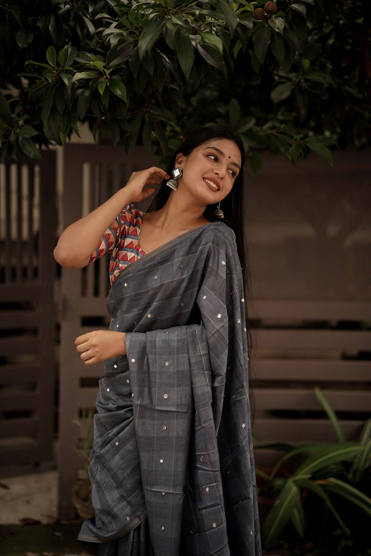 Pure Linen Designer saree with multicolor embroidery – Grey