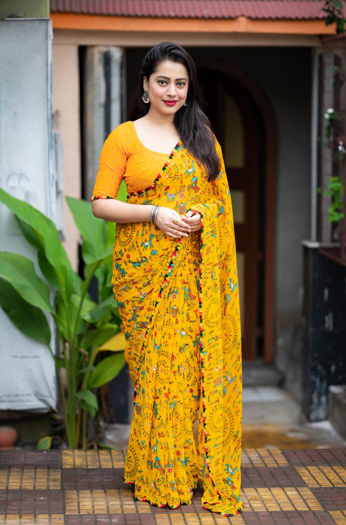 Pure Soft Georgette saree printed saree with Mirror work - Yellow