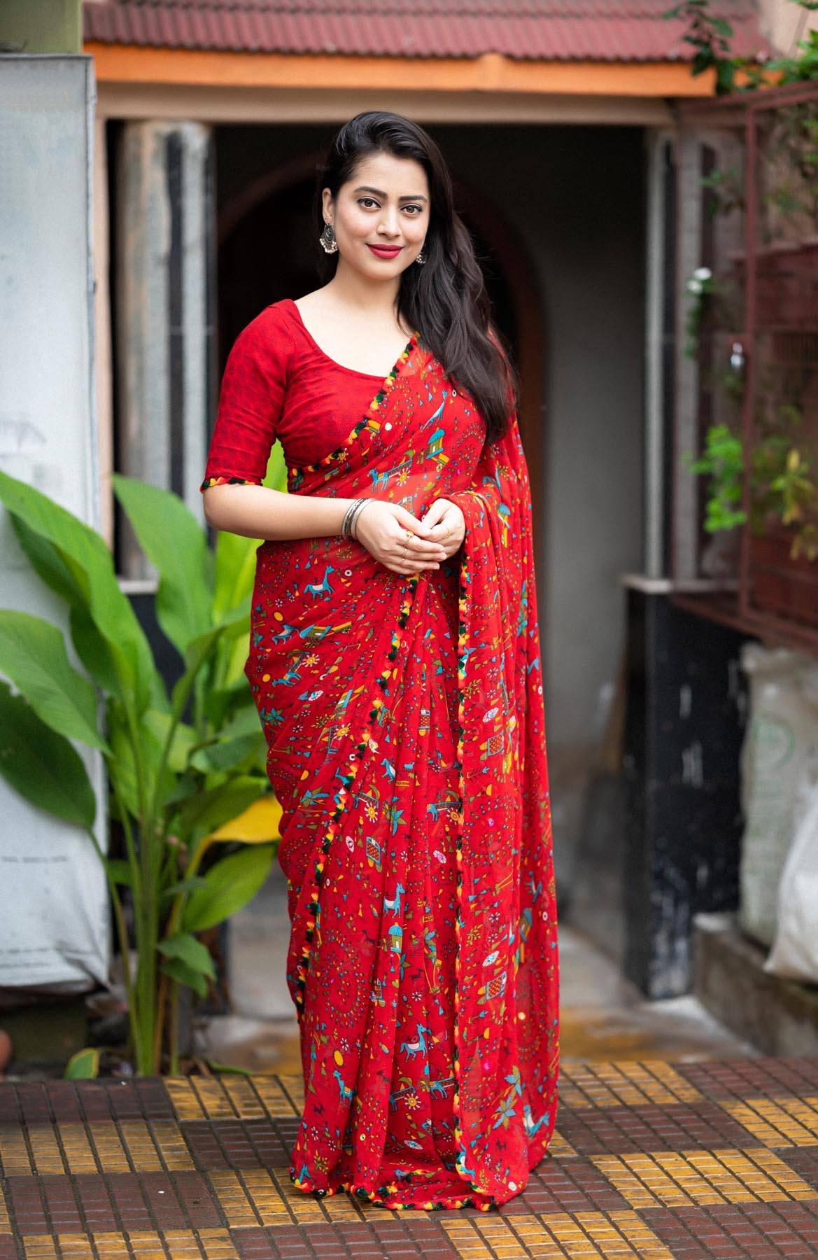 Pure Soft Georgette saree printed saree with Mirror work - Red