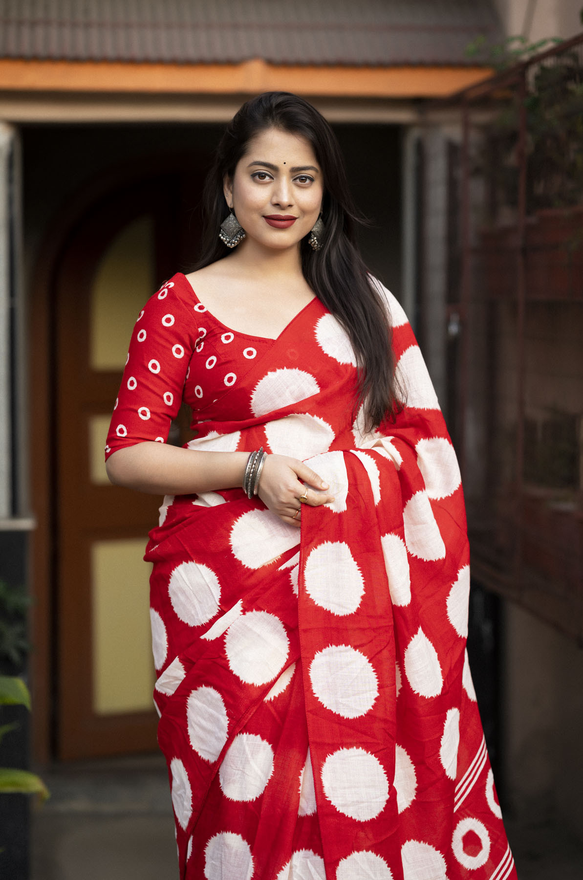 Pure Linen Batik Printed saree - Red