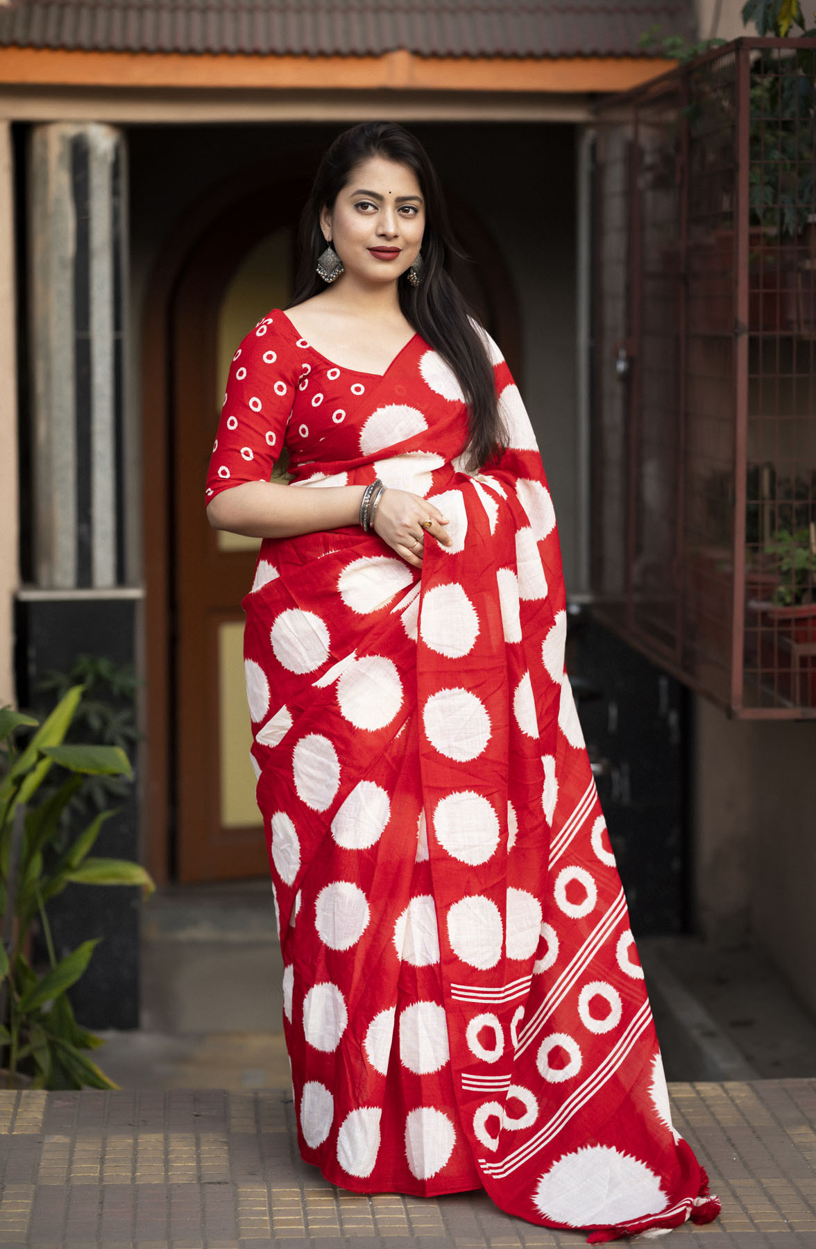 Pure Linen Batik Printed saree - Red