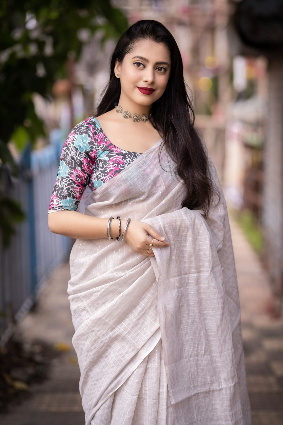 Pure Linen saree with sequence embroidery work - White