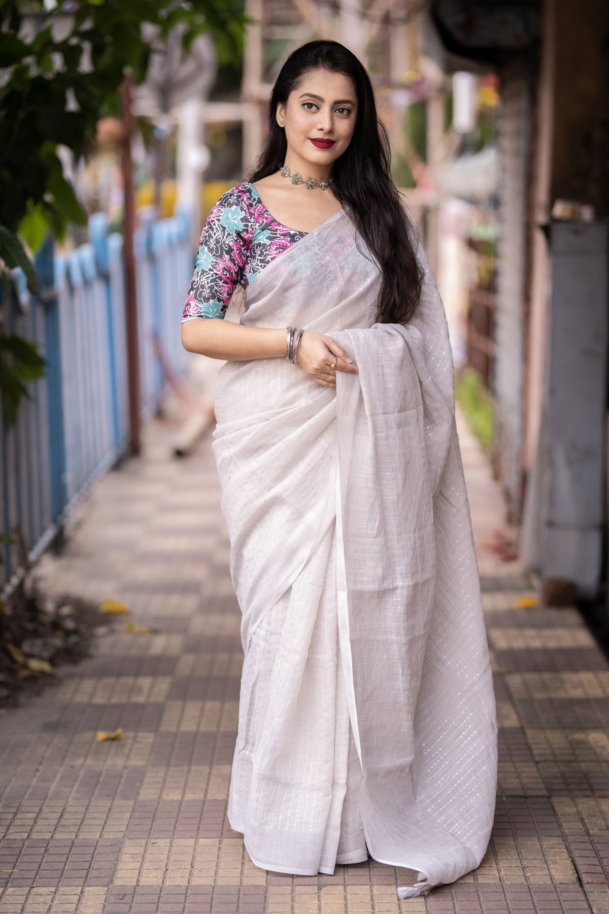 Pure Linen saree with sequence embroidery work - White