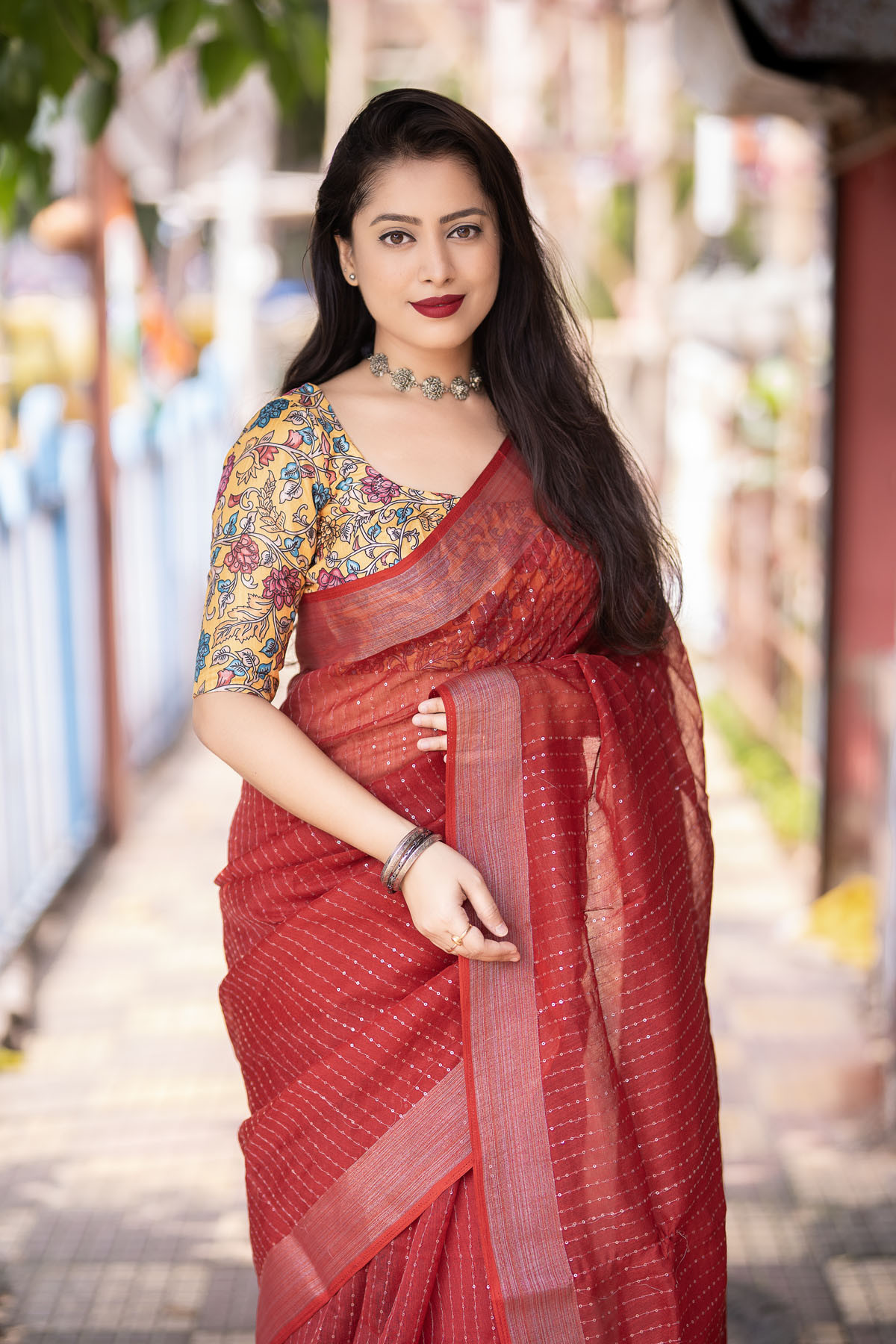 Pure Linen saree with sequence embroidery work - Red