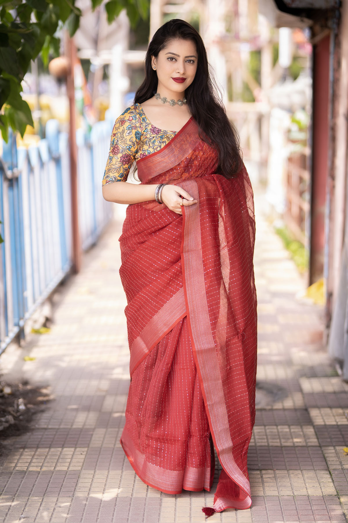 Pure Linen saree with sequence embroidery work - Red